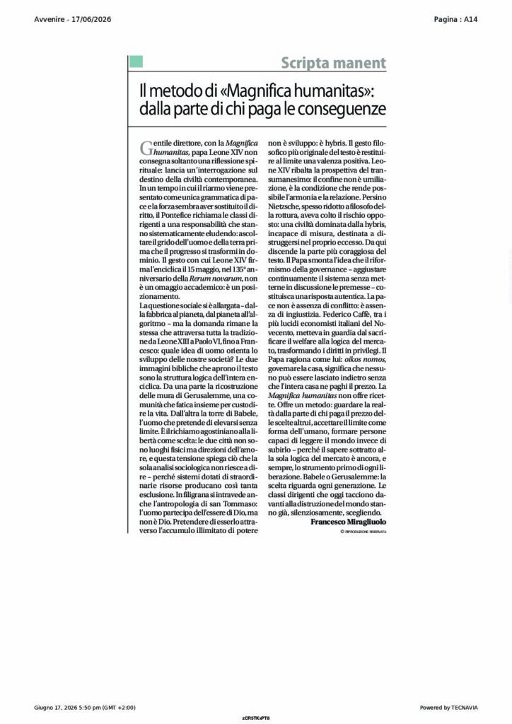 Miragliuolo: Il metodo di «Magnifica humanitas»: dala parte di chi paga le conseguenze – Avvenire