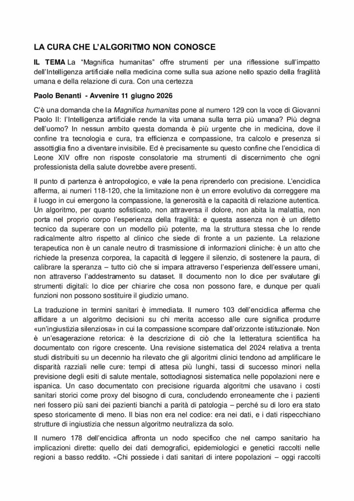 Benanti: LA CURA CHE L’ALGORITMO NON CONOSCE – Avvenire