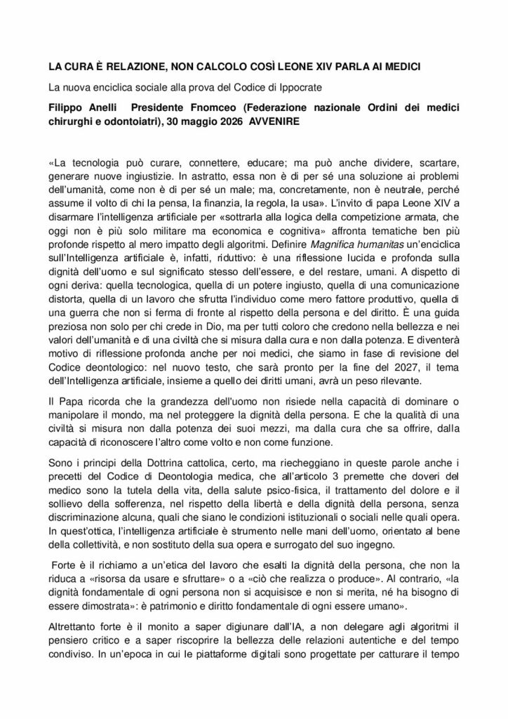 Anelli: LA CURA È RELAZIONE, NON CALCOLO COSÌ LEONE XIV PARLA AI MEDICI – Avvenire