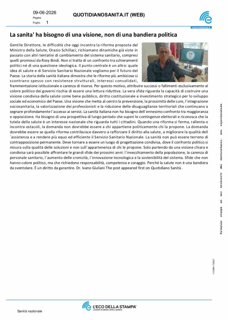 Giuliani: La sanita’ ha bisogno di una visione, non di una bandiera politica – quotidianosanita.it
