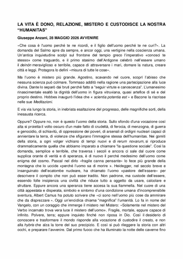 Anzani: LA VITA È DONO, RELAZIONE, MISTERO E CUSTODISCE LA NOSTRA “HUMANITAS” – Avvenire