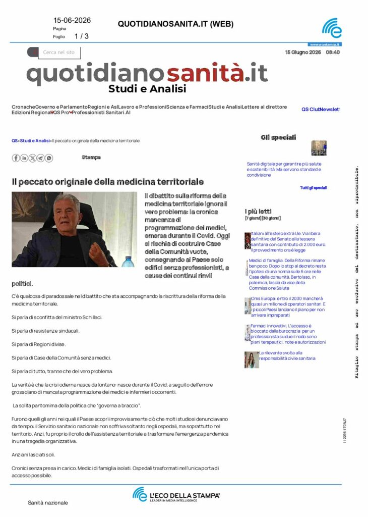 Jorio: Il peccato originale della medicina territoriale – quotidianosanita.it