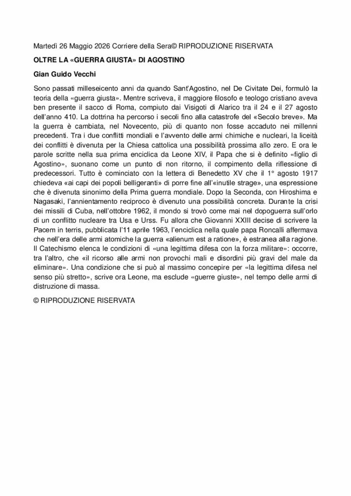 Vecchi: OLTRE LA «GUERRA GIUSTA» DI AGOSTINO – Corriere della Sera