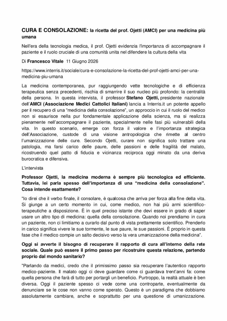 Vitale: CURA E CONSOLAZIONE: la ricetta del prof. Ojetti (AMCI) per una medicina più umana – interris.it