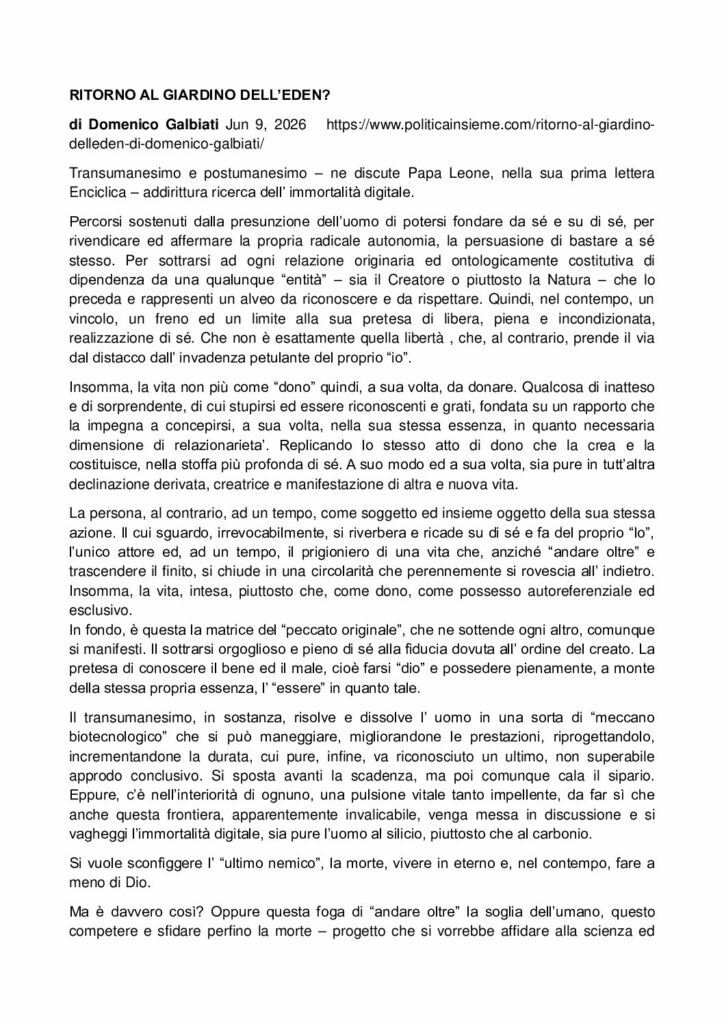 Galbiati: RITORNO AL GIARDINO DELL’EDEN? – politicainsieme.com
