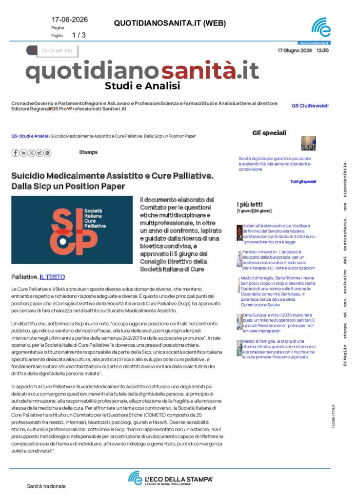 Suicidio Medicalmente Assistito e Cure Palliative. Dalla Sicp un Position Paper – quotidianosanita.it