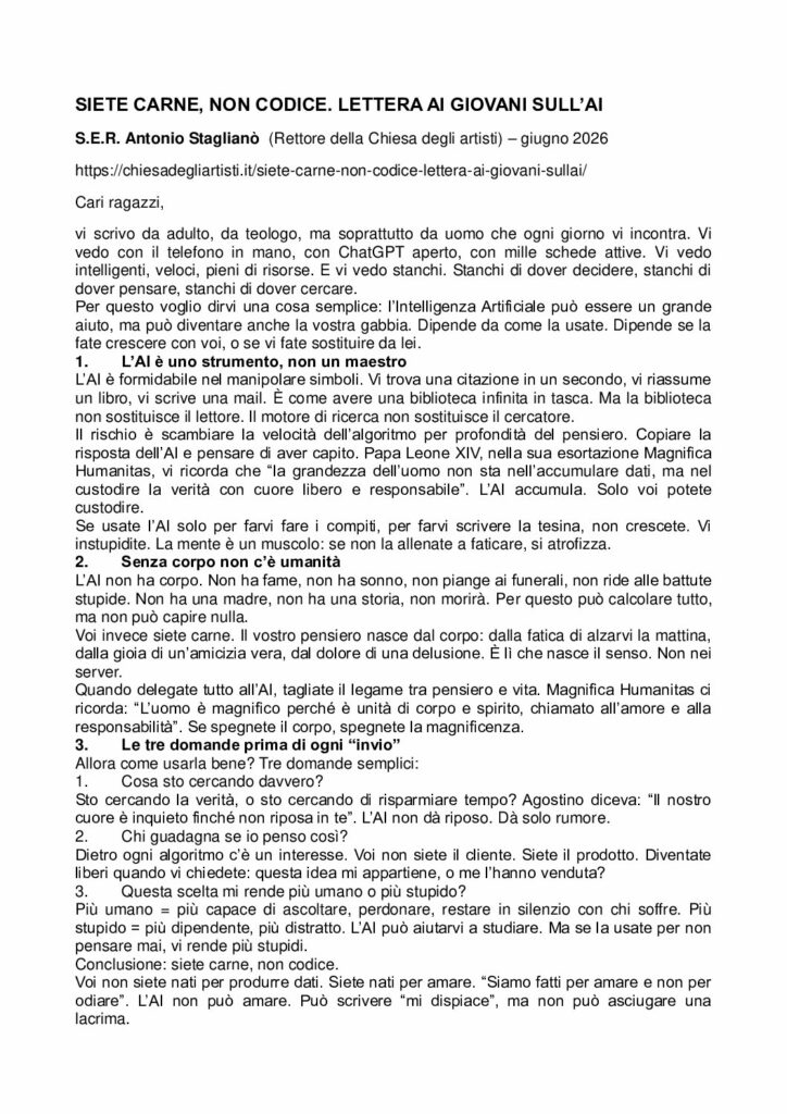 Staglianò: SIETE CARNE, NON CODICE. LETTERA AI GIOVANI SULL’AI – chiesadegliartisti.it