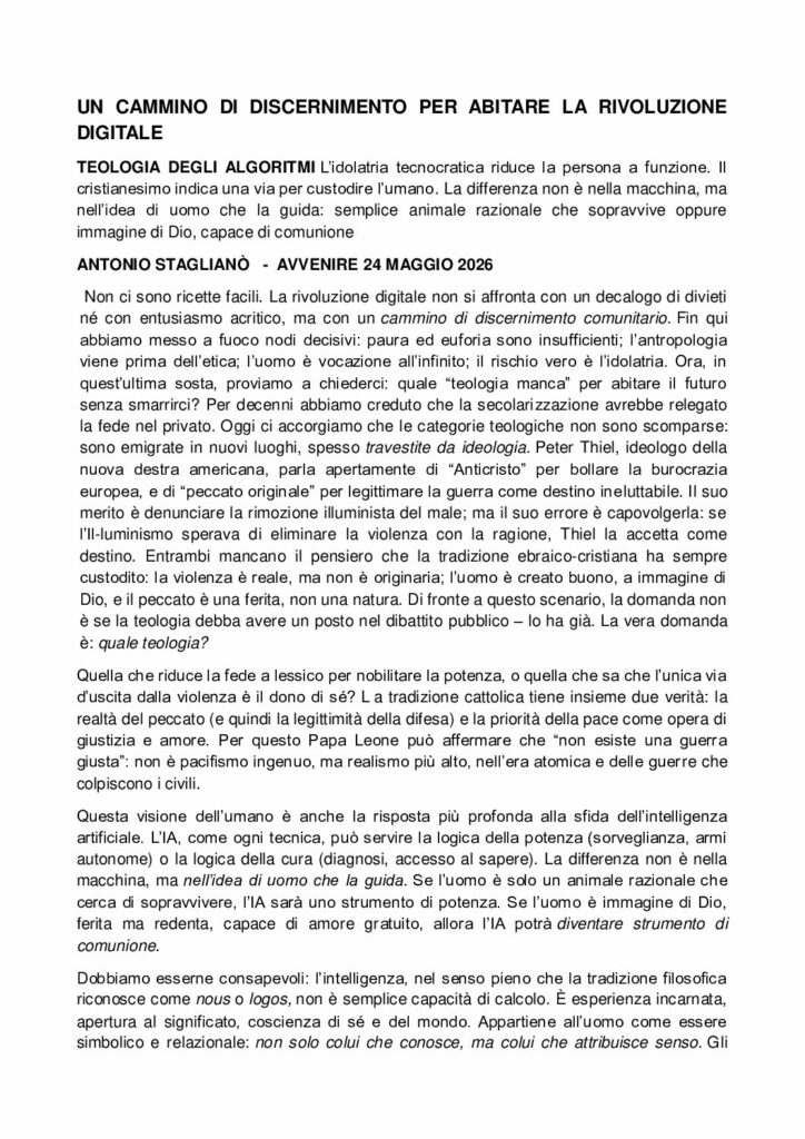 Staglianò: UN CAMMINO DI DISCERNIMENTO PER ABITARE LA RIVOLUZIONE DIGITALE – Avvenire