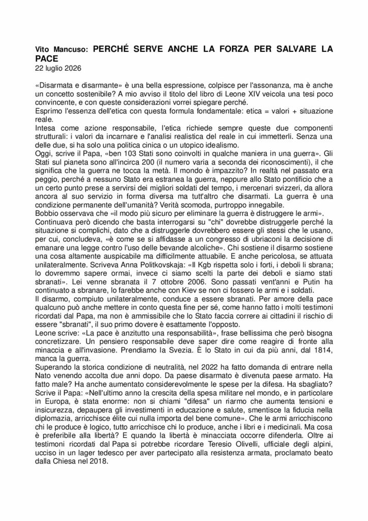 Mancuso: PERCHÉ SERVE ANCHE LA FORZA PER SALVARE LA PACE – La Stampa
