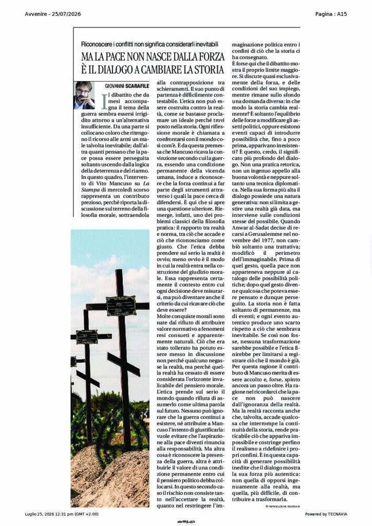 Scarafile: MA LA PACE NON NASCE DALLA FORZA È IL DIALOGO A CAMBIARE LA STORIA – Avvenire