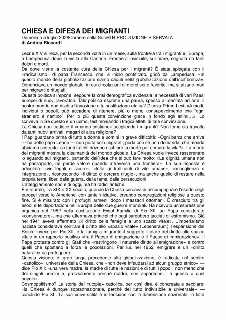 Riccardi: CHIESA E DIFESA DEI MIGRANTI – Corriere della Sera
