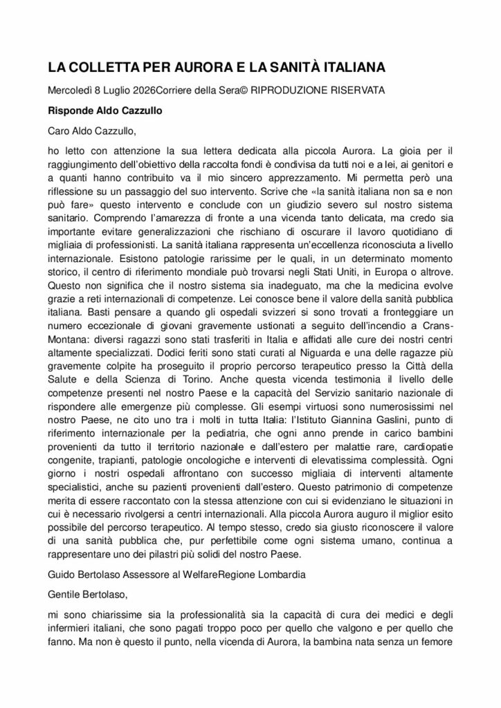 Cazzullo: LA COLLETTA PER AURORA E LA SANITÀ ITALIANA – Corriere della Sera