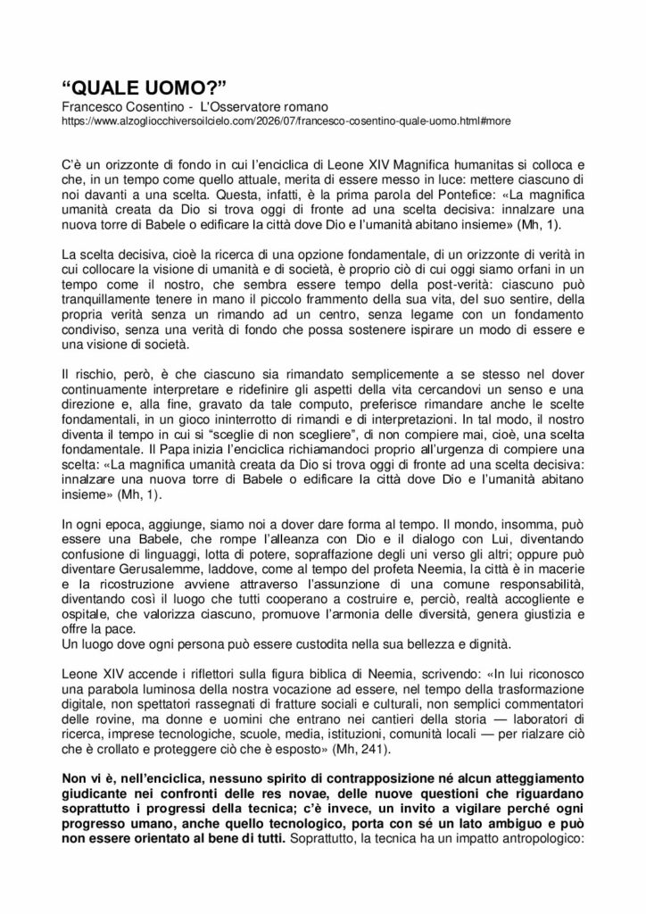 Cosentino: “QUALE UOMO?” – L’Osservatore romano