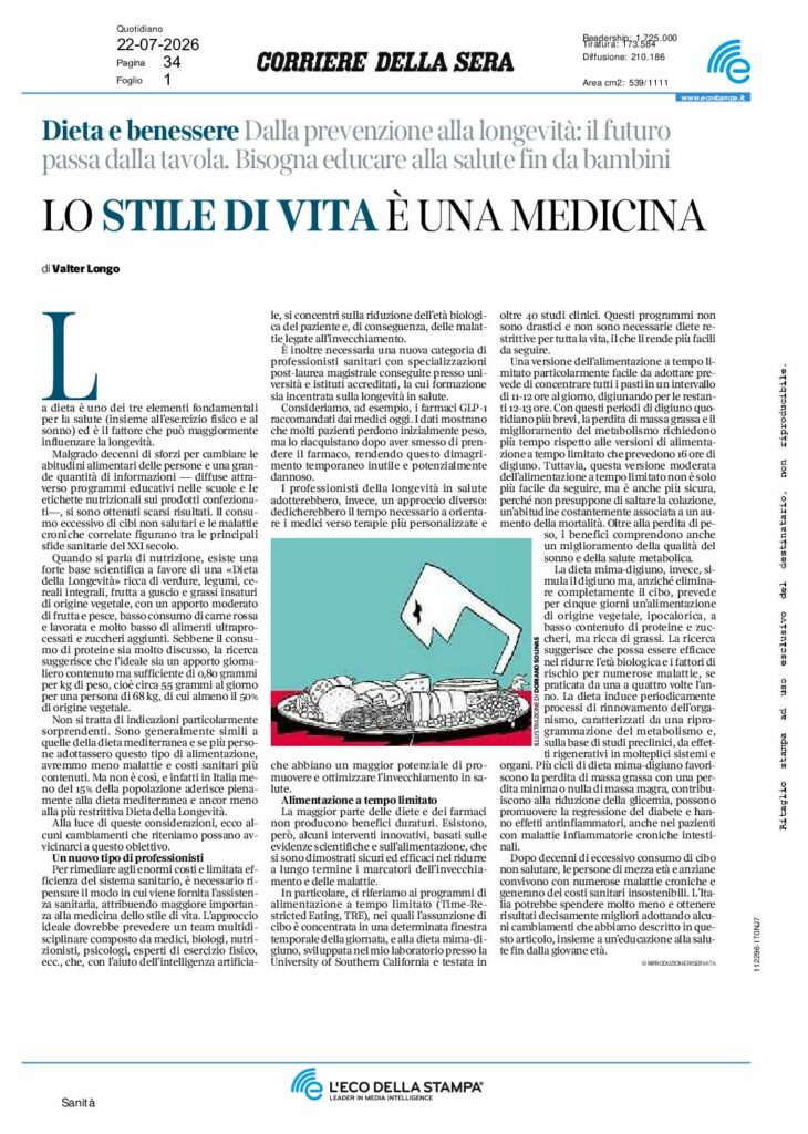 Longo: LO STILE DI VITA È UNA MEDICINA – Corriere della Sera