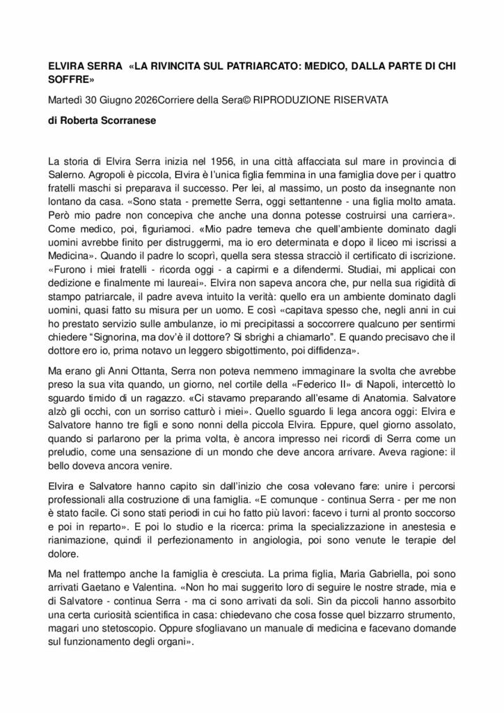 Scorranese: ELVIRA SERRA «LA RIVINCITA SUL PATRIARCATO: MEDICO, DALLA PARTE DI CHI SOFFRE» – Corriere della Sera