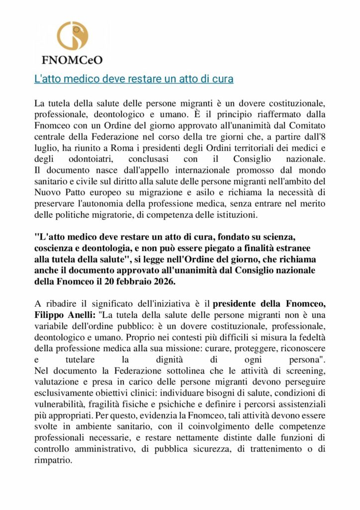 FNOMCeO: L’ATTO MEDICO DEVE RESTARE UN ATTO DI CURA
