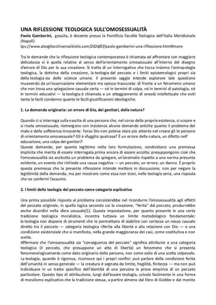 Gamberini: UNA RIFLESSIONE TEOLOGICA SULL’OMOSESSUALITÀ – ApertaMente