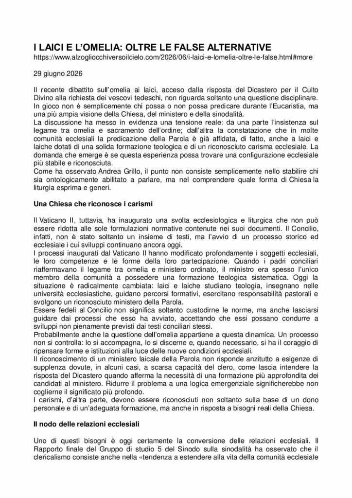 Pocher: I LAICI E L’OMELIA: OLTRE LE FALSE ALTERNATIVE – alzogliocchiversoilcielo.com