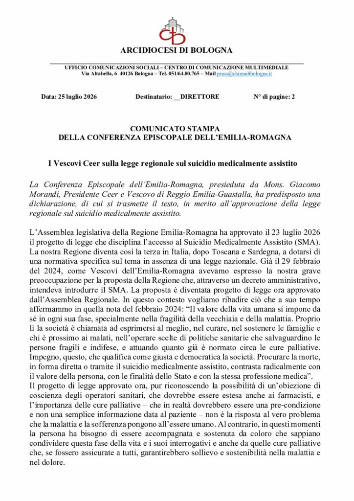 Conferenza Episcopale dell’Emilia-Romagna: I Vescovi Ceer sulla legge regionale sul suicidio medicalmente assistito – ARCIDIOCESI DI BOLOGNA