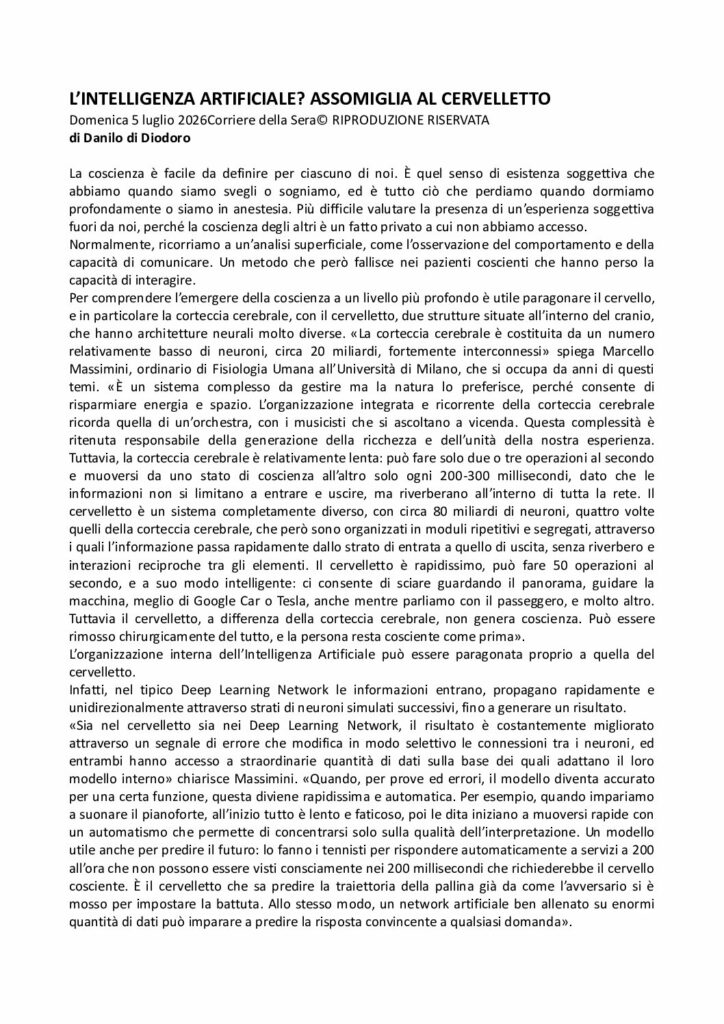Diodoro: L’INTELLIGENZA ARTIFICIALE? ASSOMIGLIA AL CERVELLETTO – Corriere della Sera