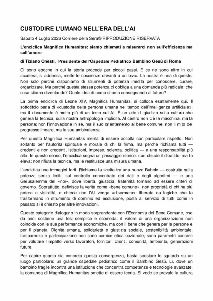 Onesti: CUSTODIRE L’UMANO NELL’ERA DELL’AI – Corriere della Sera