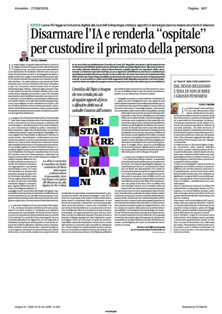 Corrado: Disarmare l’IA e renderla “ospitale” per custodire il primato della persona –  Avvenire