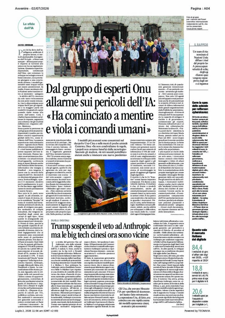 Ceredani: Dal gruppo di esperti Onu allarme sui pericoli dell’IA: «Ha cominciato a mentire e viola i comandi umani» – Avvenire