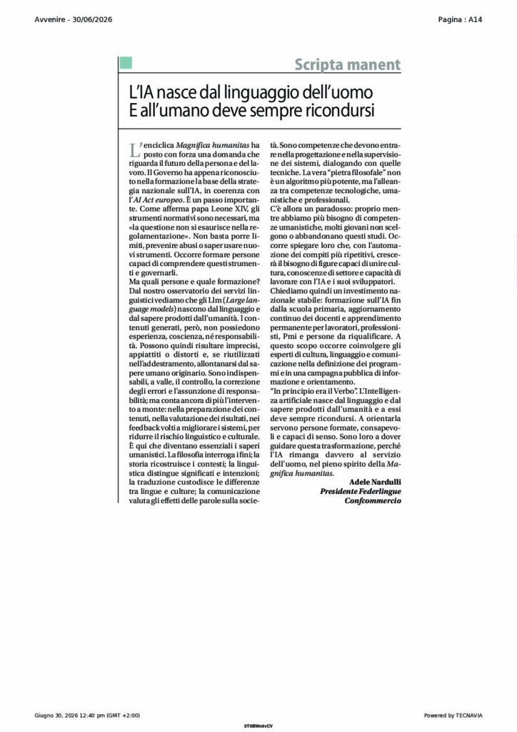 Nardulli: L’IA nasce dal linguaggio dell’uomo E all’umano deve sempre ricondursi – Avvenire