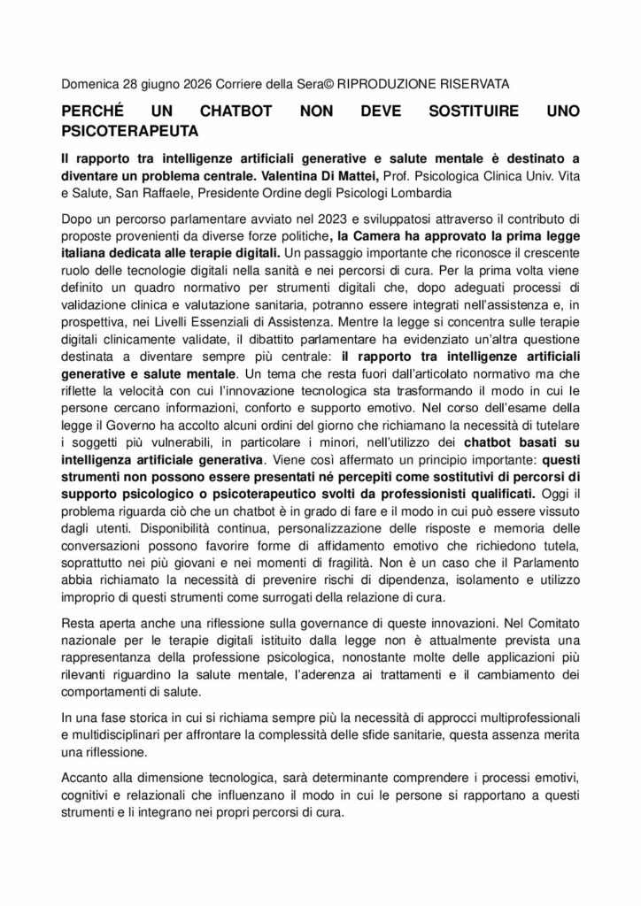 Di Mattei: PERCHÉ UN CHATBOT NON DEVE SOSTITUIRE UNO PSICOTERAPEUTA – Corriere della Sera