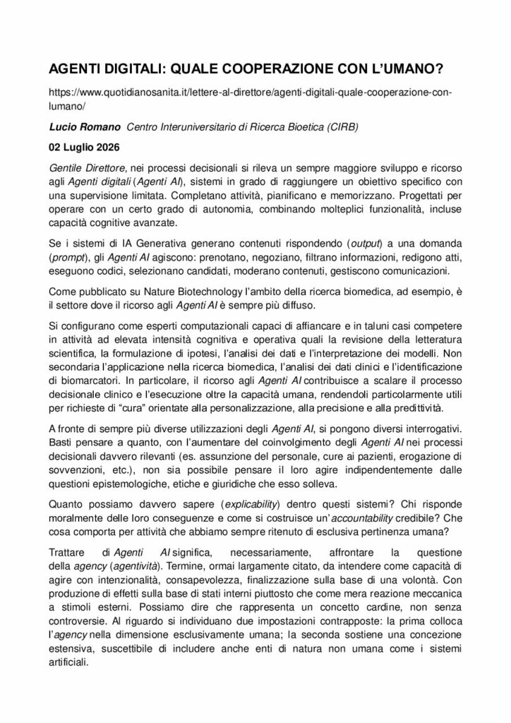 Romano: AGENTI DIGITALI: QUALE COOPERAZIONE CON L’UMANO? – quotidianosanita.it