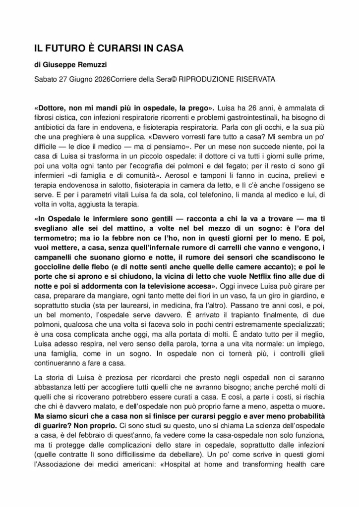 Remuzzi: IL FUTURO È CURARSI IN CASA – Corriere della Sera