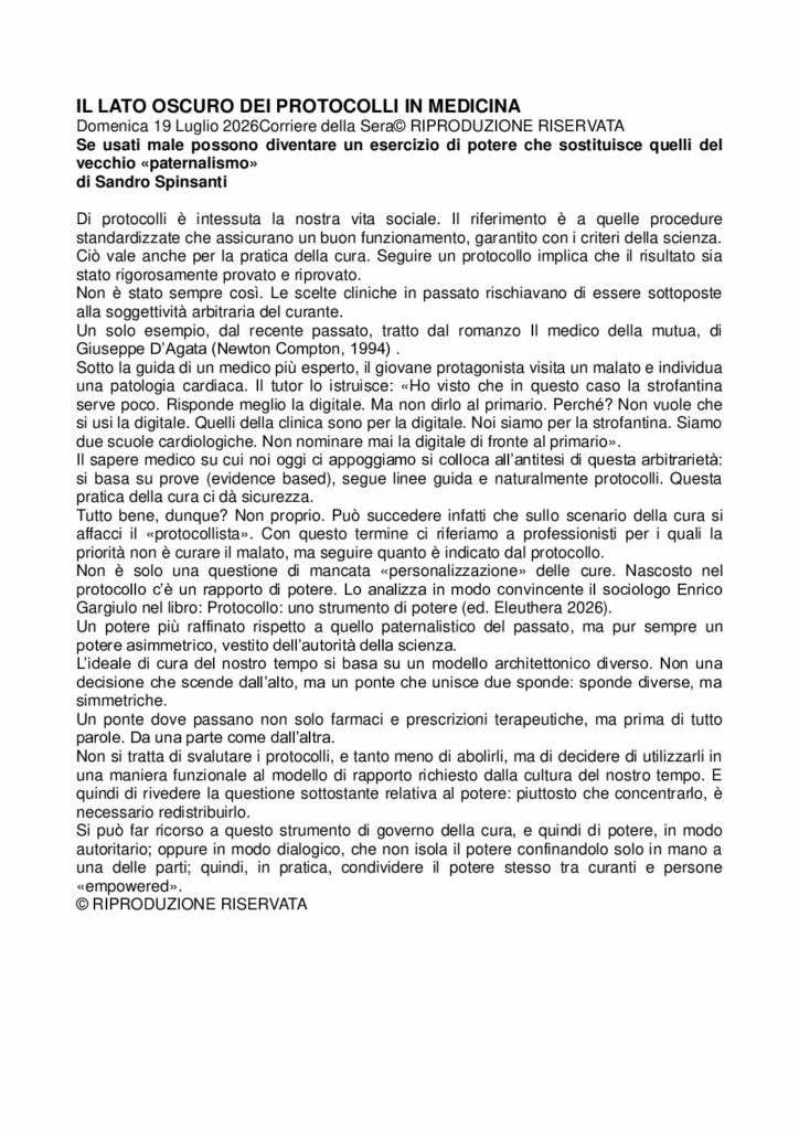 Spinsanti: IL LATO OSCURO DEI PROTOCOLLI IN MEDICINA – Corriere della Sera