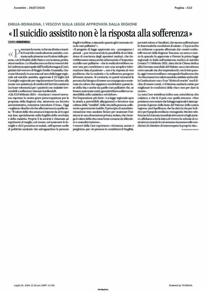 Unguendoli: “Il suicidio assistito non è la risposta alla sofferenza” – Avvenire