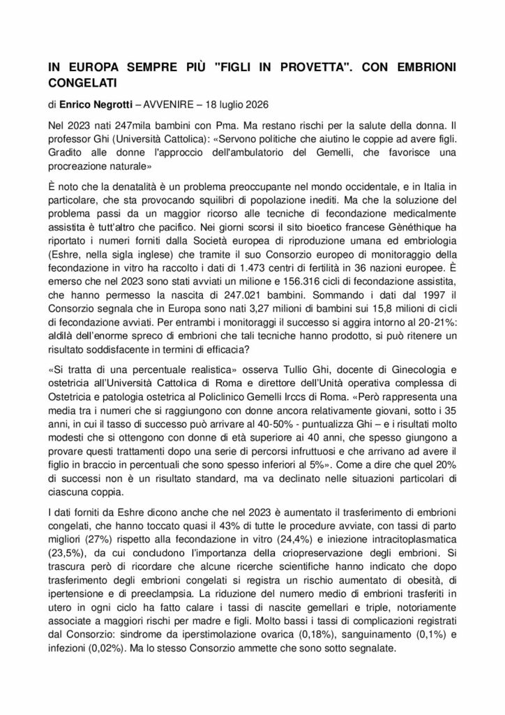 Negrotti IN EUROPA SEMPRE PIÙ “FIGLI IN PROVETTA”. CON EMBRIONI CONGELATI – Avvenire