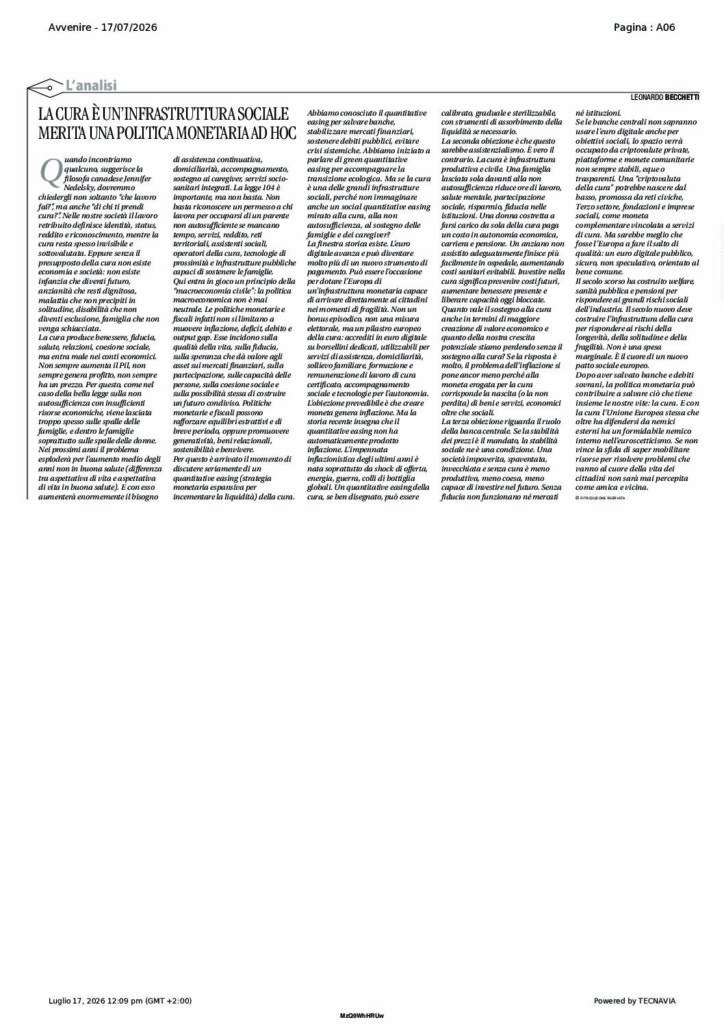 Becchetti: LA CURA È UN’INFRASTRUTTURA SOCIALE MERITA UNA POLITICA MONETARIA AD HOC – Avvenire