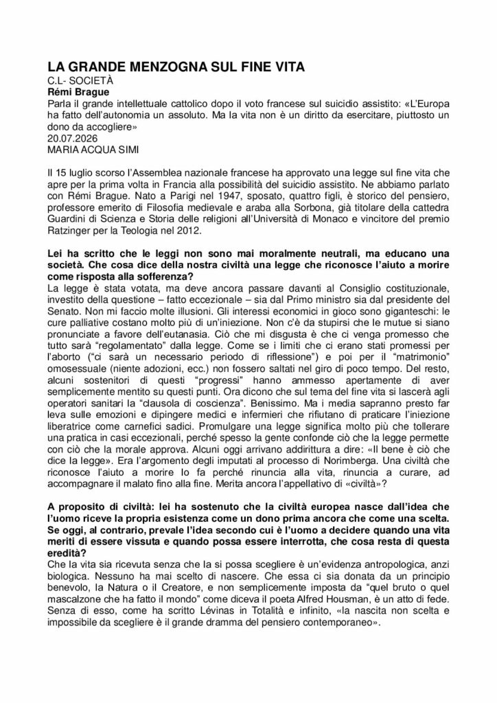Brague: LA GRANDE MENZOGNA SUL FINE VITA – clonline.org