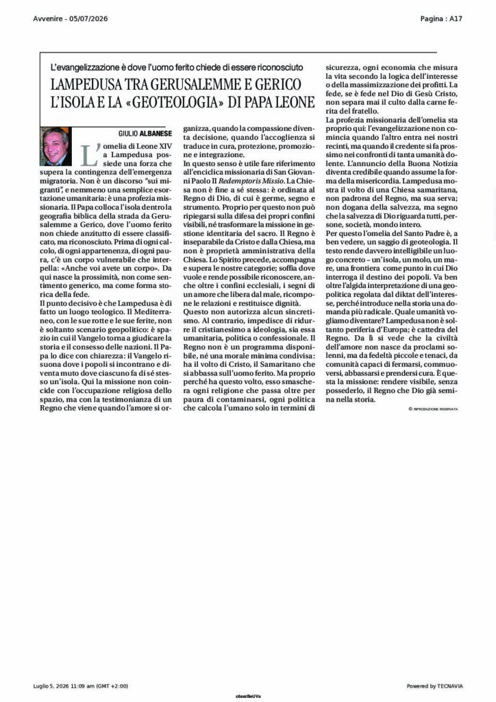 Albanese: LAMPEDUSA TRA GERUSALEMME E GERICO L’ISOLA E LA «GEOTEOLOGIA» DI PAPA LEONE – Avvenire