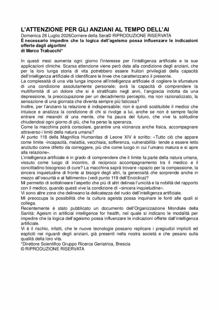 Trabucchi: L’ATTENZIONE PER GLI ANZIANI AL TEMPO DELL’AI – Corriere della Sera