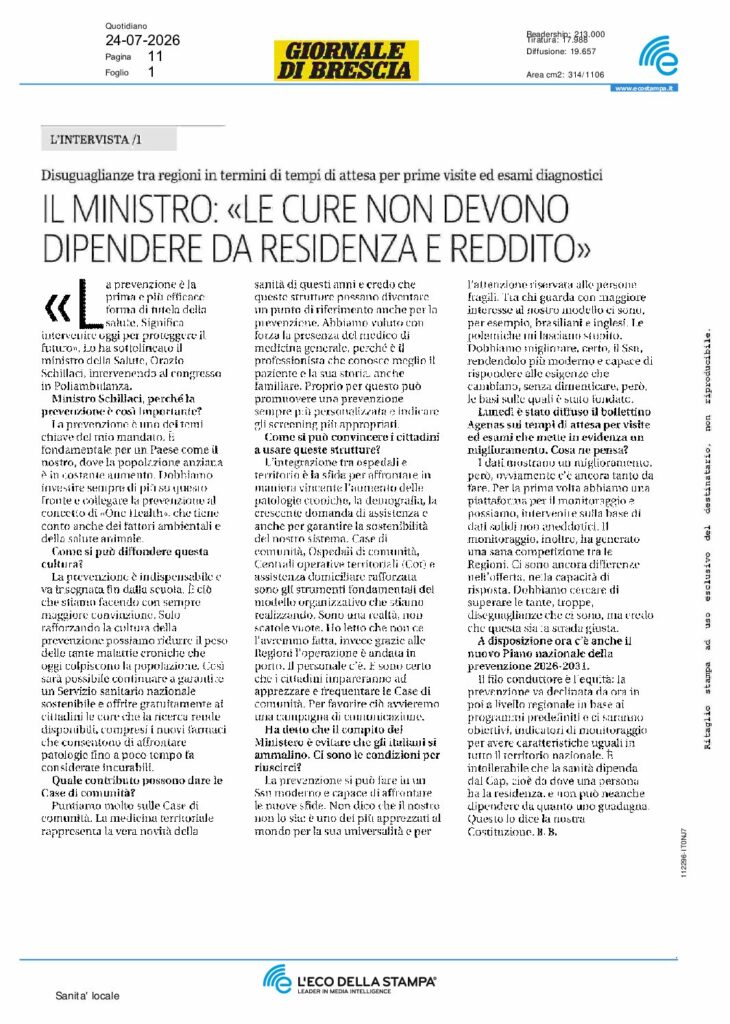 IL MINISTRO: «LE CURE NON DEVONO DIPENDERE DA RESIDENZA E REDDITO» – Giornale di Brescia