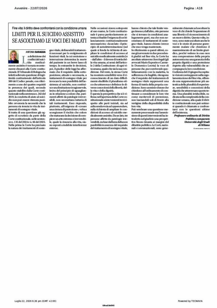 Baraggia: LIMITI PER IL SUICIDIO ASSISTITO SE ASCOLTIAMO LE VOCI DEI MALATI – Avvenire