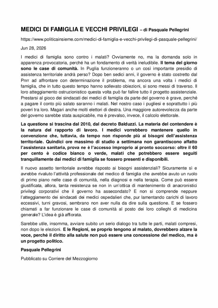 Pellegrini: MEDICI DI FAMIGLIA E VECCHI PRIVILEGI – politicainsieme.com