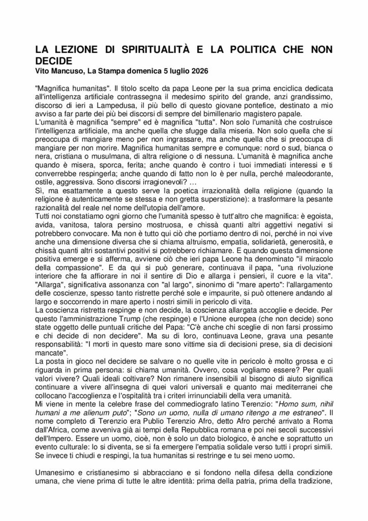Mancuso: LA LEZIONE DI SPIRITUALITÀ E LA POLITICA CHE NON DECIDE – La Stampa
