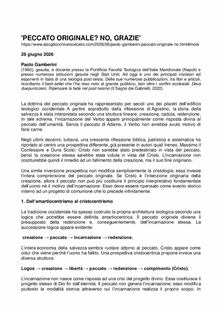 Gamberini: ‘PECCATO ORIGINALE? NO GRAZIE’ – alzogliocchiversoilcielo.com