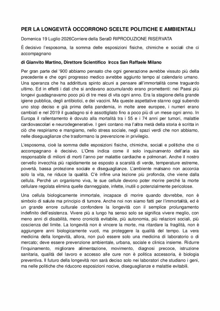 Martino: PER LA LONGEVITÀ OCCORRONO SCELTE POLITICHE E AMBIENTALI – Corriere della Sera