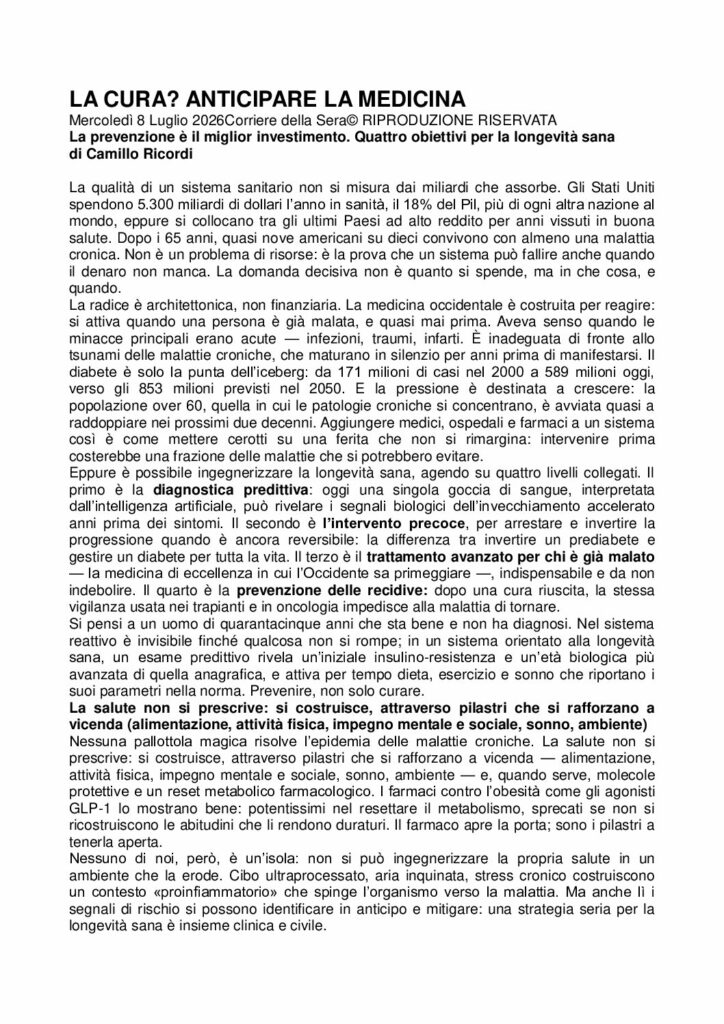 Ricordi: LA CURA? ANTICIPARE LA MEDICINA – Corriere della Sera