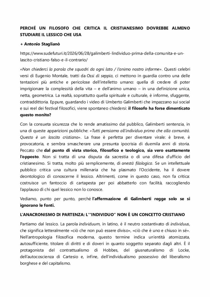 Staglianò: PERCHÉ UN FILOSOFO CHE CRITICA IL CRISTIANESIMO DOVREBBE ALMENO STUDIARE IL LESSICO CHE USA – sudefuturi.it