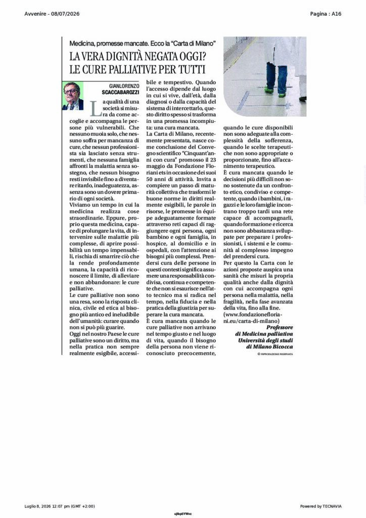 Scaccabarozzi: LA VERA DIGNITÀ NEGATA OGGI? LE CURE PALLIATIVE PER TUTTI – Avvenire