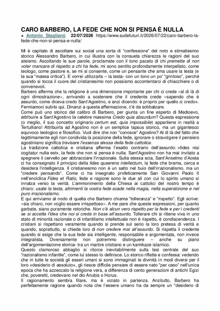 Staglianò: CARO BARBERO, LA FEDE CHE NON SI PENSA È NULLA – sudefuturi.it