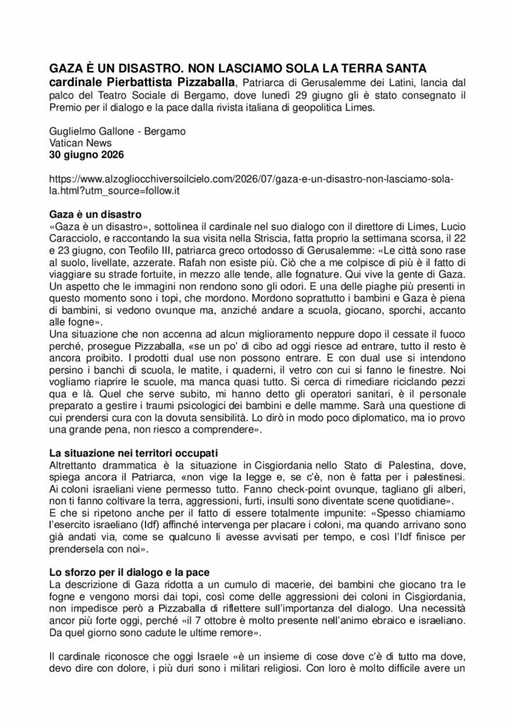 Gallone: GAZA È UN DISASTRO. NON LASCIAMO SOLA LA TERRA SANTA – alzogliocchiversoilcielo.com
