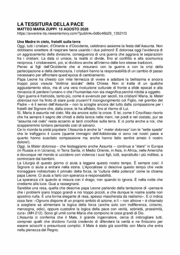Zuppi: LA TESSITURA DELLA PACE – Avvenire